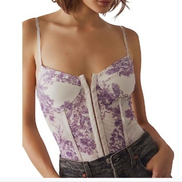 Free People Night Rhythm Floral Corset Bodysuit Ivory Combo L NWT - Picture 3 of 6